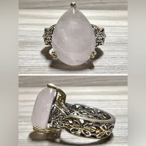 Gems En Vogue Sterling Silver & Gold Pear Cabochon Rose Quartz Ring, Size 5